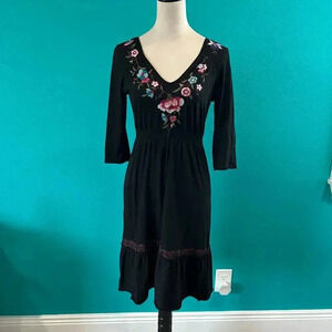 Johnny Was Black Embroidered V-Neck Long Sleeve Midi Dress Size XS